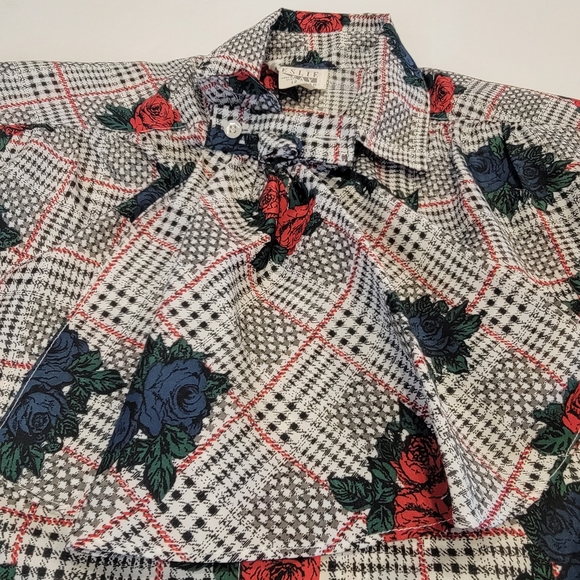 Vintage Leslie Fay Sportswear Floral Gingham Puff Sleeve Tie Button Up Top NWT! - Picture 6 of 16